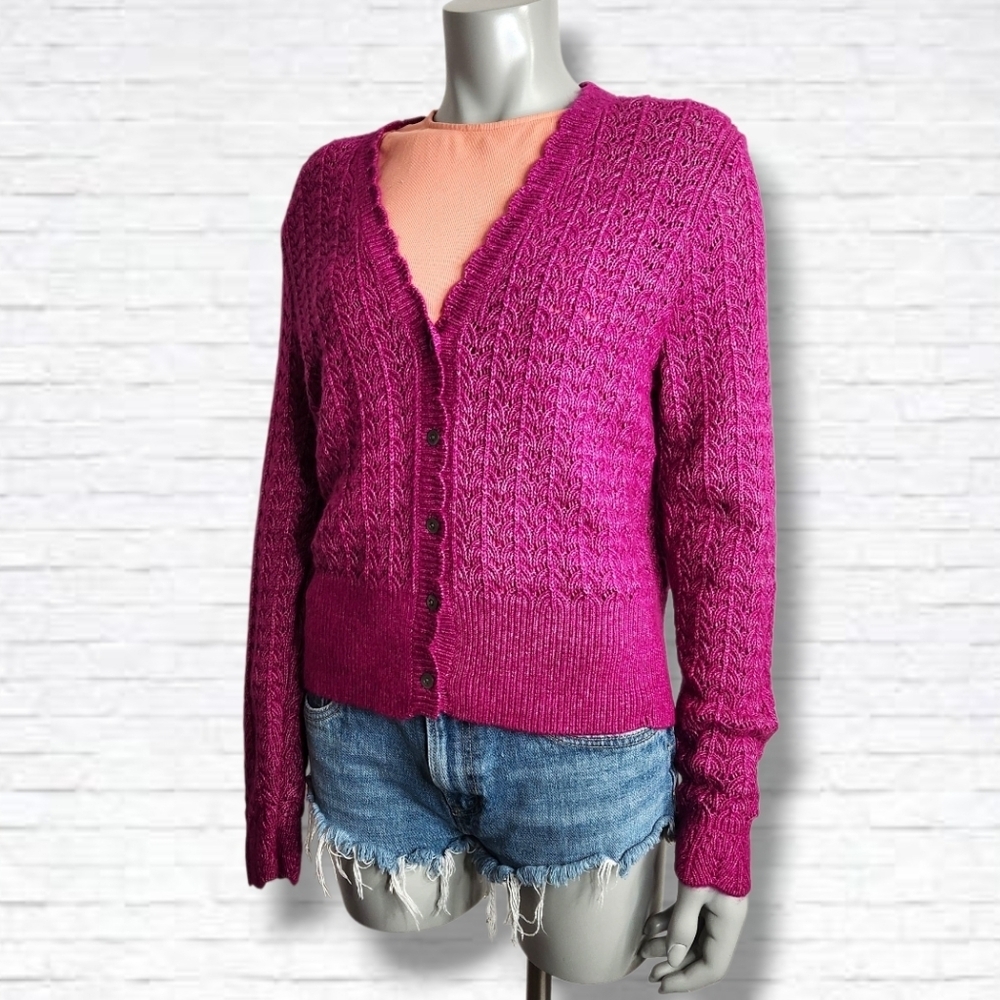 Sundance Catalog Cropped Fushia Leanna Pointelle Cardigan Size XL NWOT